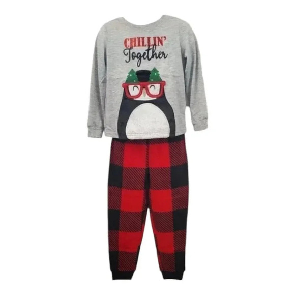 5T Penguin Pajamas Grey Long Sleeve Penguin Top with Plaid Pj Bottoms - Picture 1 of 4